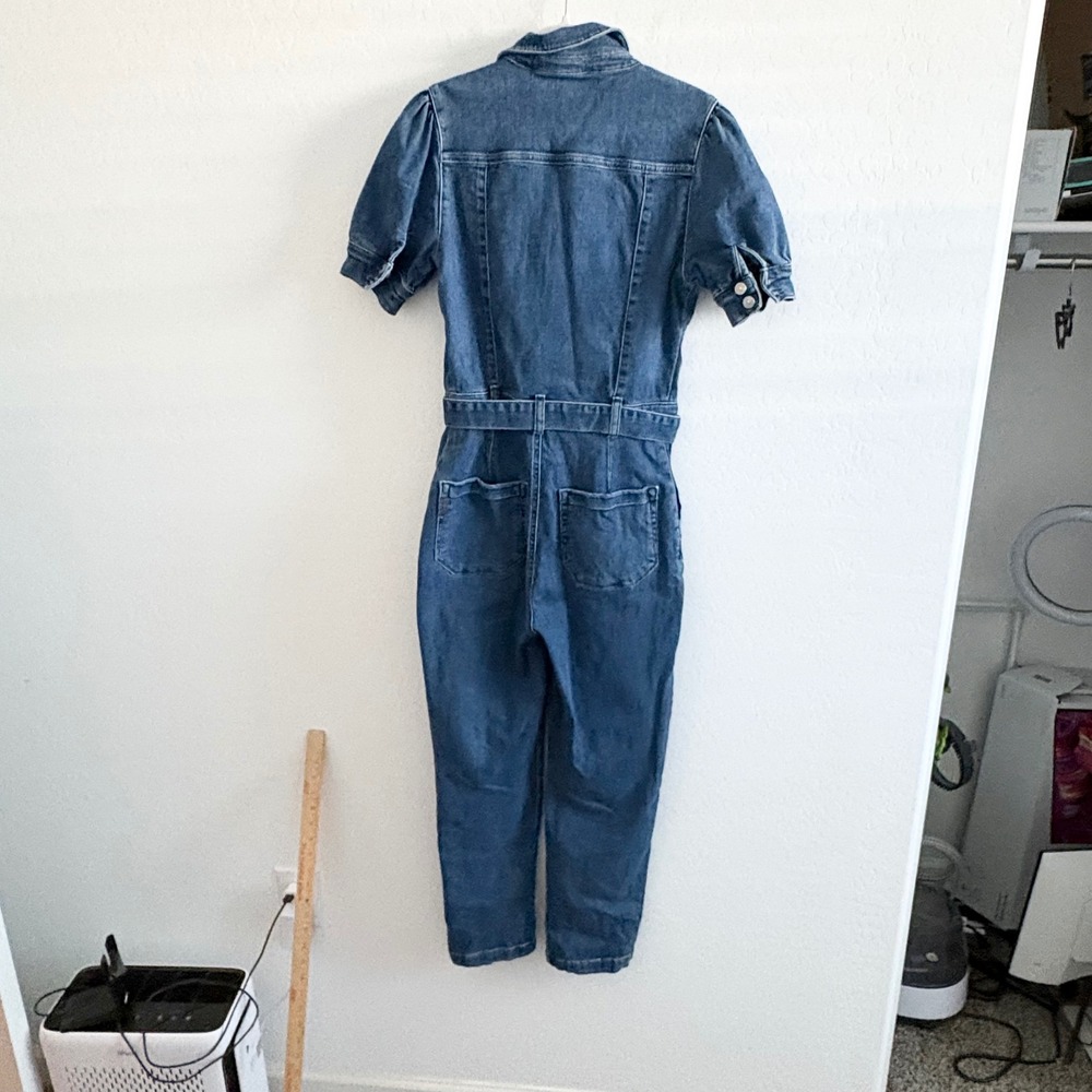 PAIGE Mayslie Straight Ankle Denim Jumpsuit Janelle Blue Puff Sleeve Size 4 - Picture 3 of 9